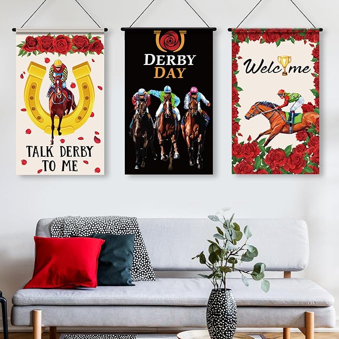 Tegeme 3 Pcs Derby Day Door Banner Derby Day Hanging Flag Decor Roses Horse Racing Festival Door Hanger Sign for Holiday Party Outdoor Indoor Home