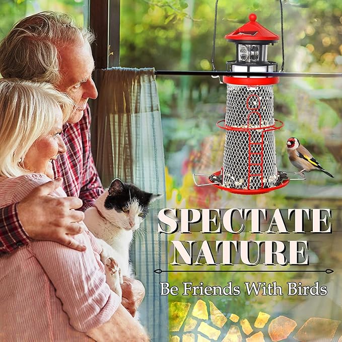 Solar Lighthouse Bird Feeder with Rotating Beacon - 14" Hanging Best Birdfeeder Gifts for Bird Lovers(Apple Red).