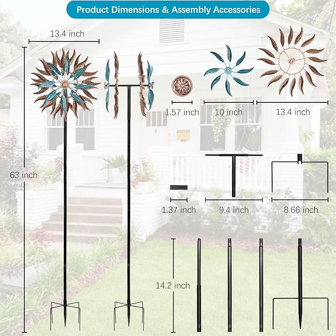Large Wind Spinners Outdoor Metal, 360° Double-Layer Garden Wind Spinners Sculptures, 63" ×13.4", Kinetic Pinwheels for Yard and Garden Patio & Lawn (Blue Copper)