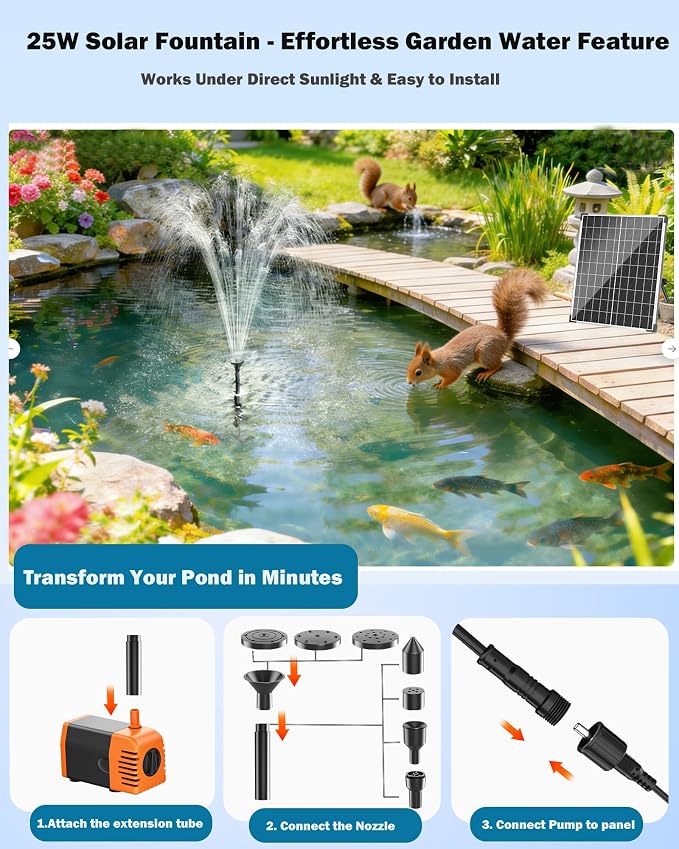 Antfraer Solar Pond Pump, 25W Solar Fountain Pump with 340GPH Flow Adjustable, Solar Water Pump with 6.6FT Tubing & 16.5FT Cord for Garden Ponds, Fish Tanks Waterfalls & DIY Fountain Water Features