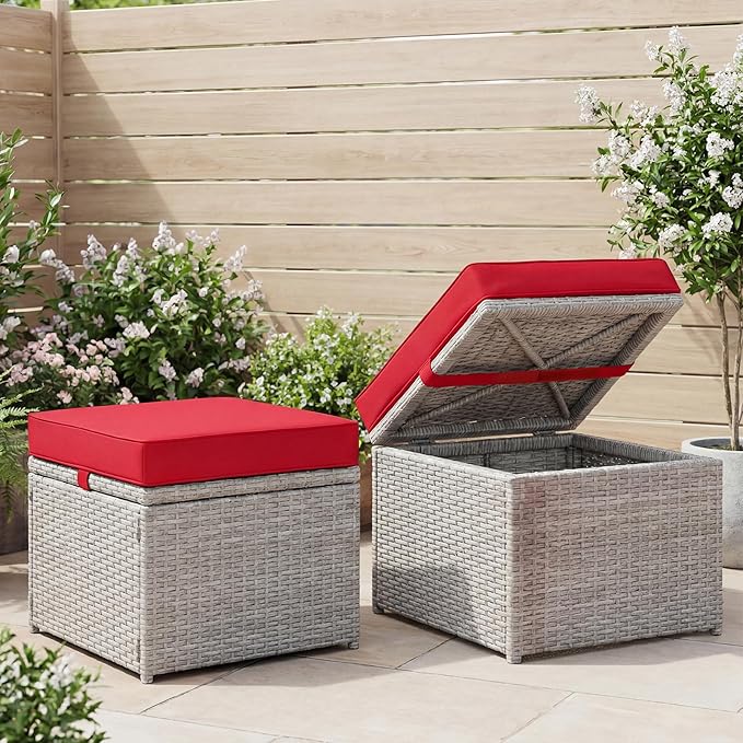 DoubleFill 1 Pcs Outdoor Ottoman Cushion 23"x19"x3" Waterproof Fade Resistant Outdoor Footstools Cushion Removable Patio Ottoman Cushions with Adjustable Fixing Strap for Stool (Red)