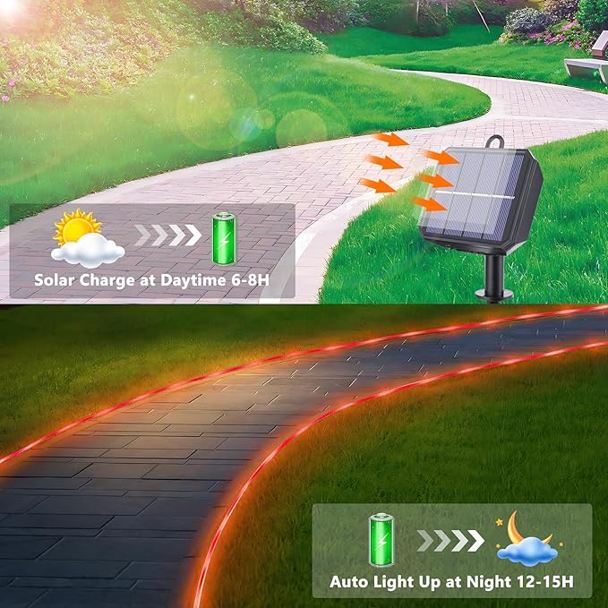 Solar Rope Lights, 2 Packs Total 132ft 400LED Solar String Lights, 8 Modes Waterproof Solar Powered Outdoor Light, Flexible Clear Tube Light for Garden Backyard Patio Deck Porch Tree Xmas Decor - Red