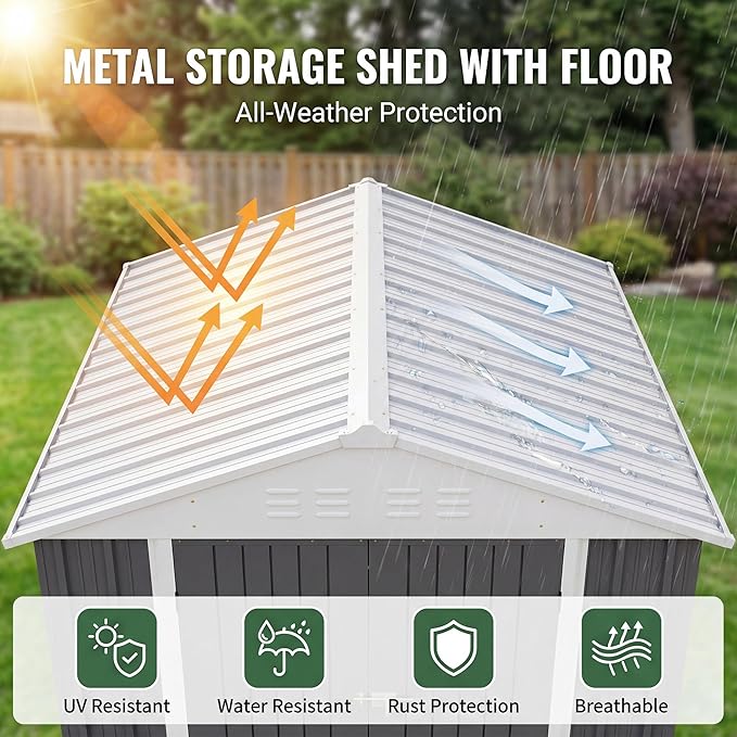 Patiowell 6x4 FT Outdoor Storage Shed with Floor Frame, Metal Garden Patio Sheds with Sloping Roof and Lockable Door, Waterproof Steel Tool Shed for Backyard Garden Lawn, Gray