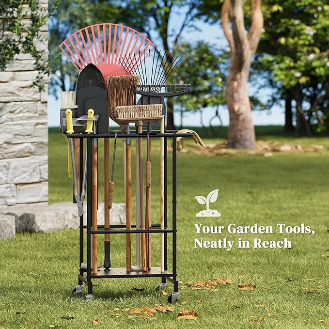 Garden Tools Organizer Rack, Yard Tool Rack with Wheels, Heavy Duty Steel Yard Tool Organizer and Storage Holder Broom Holder for Shed, Patio, Outdoor (Rack with Wheels)