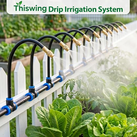Thiswing 100FT 360° Adjustable Irrigation System for Garden – 1/4" Tubing with 18 Nozzles, Automatic Watering Misting System, Sprinkler for Garden, Raised Bed, Lawn, Plants