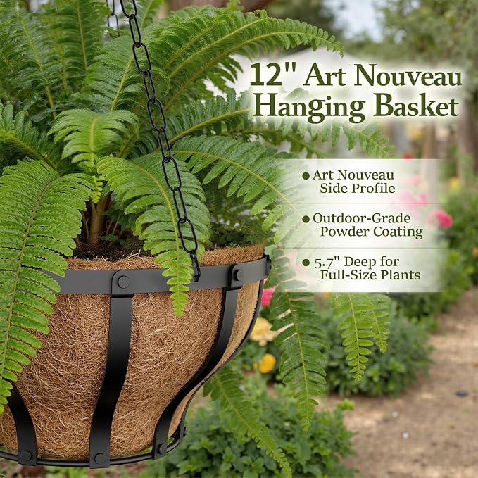 VOXOR Metal Hanging Baskets for Plants, Heavy Duty Wrought Iron Hanging Baskets with Coco Liner & Reinforced Chain, Ideal for Garden, Patio & Porch Decoration (3 Pack, 12 Inch)