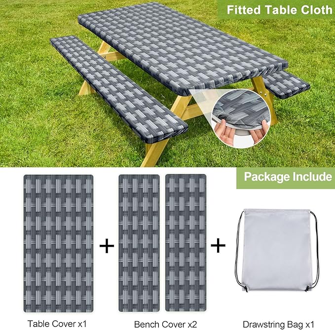 Picnic Table Cover with Bench Covers Camping Essentials Waterproof Windproof Camping Tablecloth with Drawstring Bag, Fitted Rectangle Tables and Seats, 72in, Dark Gray