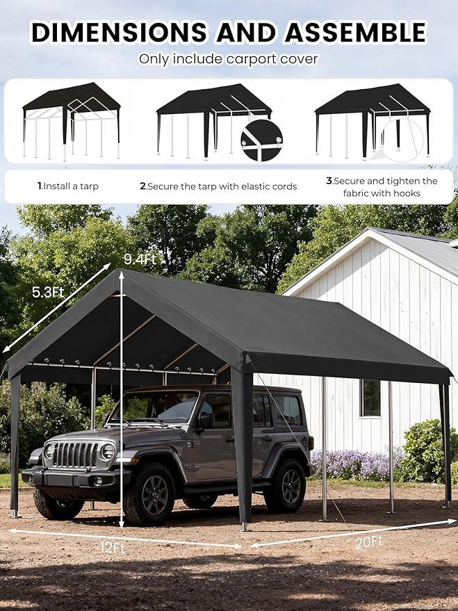 12 x 20 Ft Carport Replacement Cover, Heavy Duty Outdoor Car Tarp Canopy, Waterproof & UV Protected Tear Oxford Tarp with Ball Bungees (Frame is Not Included)