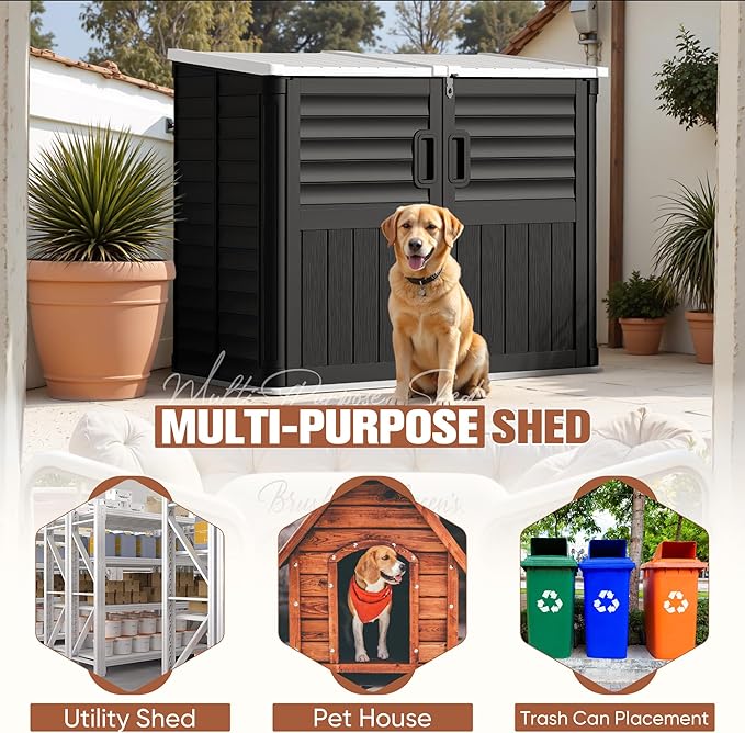 TUOZE 34 Cu Ft Resin Storage Shed, Waterproof Outdoor Storage Cabinet with Sloping Roof & Lockable Lid for Garden Tools, Trash Cans (Black)