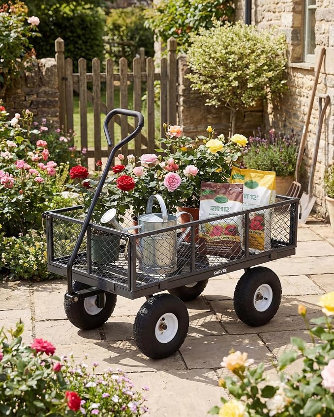 Garvee Versatile Outdoor Utility Cart - 800LBS Heavy-Duty, 10" All-Terrain Pneumatic Tires, Easy Maneuverable Lawn Cart with Removable Mesh Panels for Gardening & Landscaping, Grey