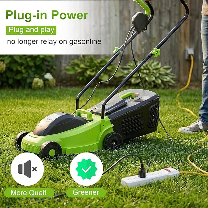 ‌FDW 13-Inch Electric Corded Push Lawn Mower - 12 Amp Motor, 3-Position Height Adjustment, Dethatcher Function & Grass Collection Box