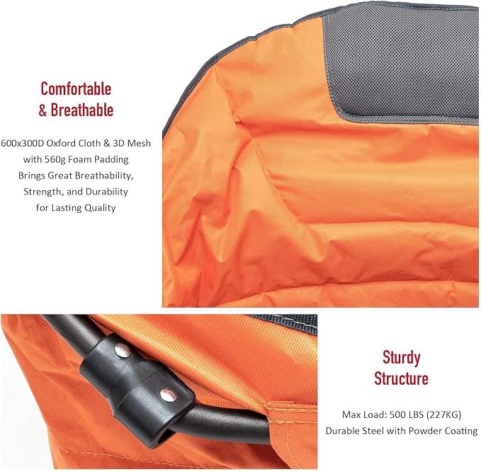 SUNNYFEEL Oversized Camping Chair Heavy Duty 500 LBS Portable Folding Chairs Orange Large Sofa Chair for Beach, Trip, Picnic, Lawn, Outdoor Camp Chair for Adults & Carry Bag