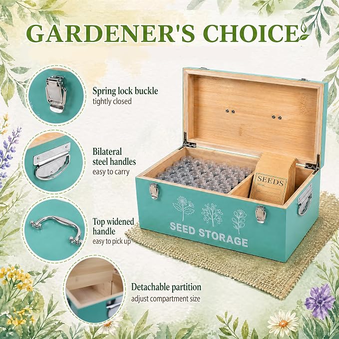 60 Slots Seed Storage Organizer, Bamboo Seed Saving Box with Lid and Safety Locks, Seeds Storage Container with 60 Seeds Envelopes and 64 Label, Perfect for Flower Plants Garden