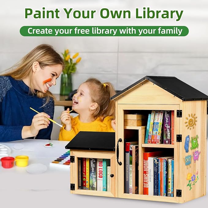 Outdoor Library Book Box, Solid Wood Free Library with Large & Small Compartments, Waterproof Coating & Metal Joint Trim, Adjustable Storage, Easy Install Community Book, Literature, Newspaper Sharing