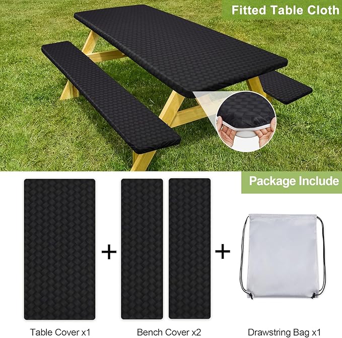Play Tailor Picnic Table Cover with Bench Covers Camping Essentials Waterproof Windproof Camping Tablecloth with Drawstring Bag, Fitted Rectangle Tables and Seats, 72in, Black