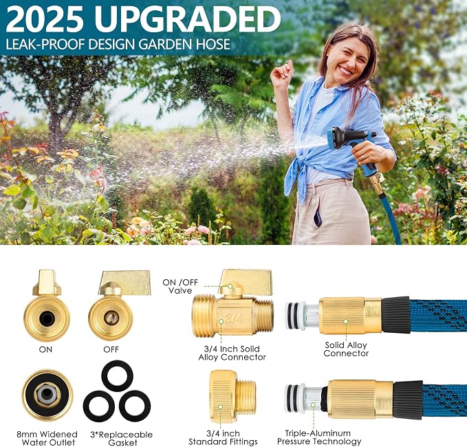75ft Garden Hose - 2026 Ultra Lightweight Water Hoses w/10 Function Spray Nozzle and 3/4" Brass Fittings- Durable, & Flexible Water Pipe for Yard, Lawn, Outdoor & Gardening(Blue Black)