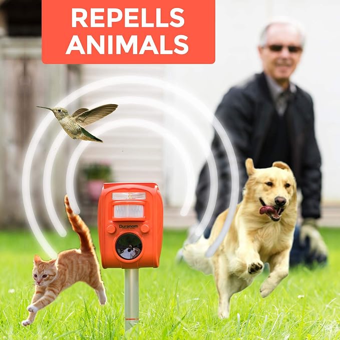 DURANOM Solar Animal Repeller – Ultrasonic & Strobe Motion Sensor Deterrent for Deer, Raccoons, Cats, Dogs – Outdoor Garden Protection, Solar Powered & USB Rechargeable