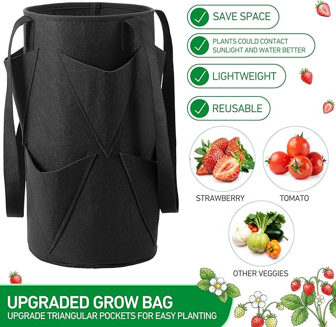 SATINIOR 10 Pack Upside Down Strawberry Planter Set Hanging Vegetables Grow Bags with 10 S Hooks, 3 Gallon Fabric Planting Bags for Easy Vertical Gardening(Black)