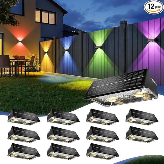 JOFIOS Solar Fence Lights Outdoor,12Pack,Warm White+RGB 9 Colors,1200mAh,Up and Down Fence Lights Solar Powered Waterproof,Solar Wall Lights for Fence,Backyard,Porch（Black）