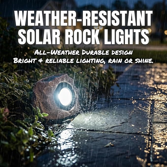 Solar Rock Lights Outdoor – 2 Pack Waterproof LED Landscape Garden Spotlights, Realistic Stone Design, Wireless Solar Powered Pathway Lights for Yard, Walkway, Patio & Lawn Decoration (Auto On/Off)