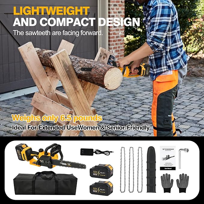 12" Electric Chainsaw Cordless, 20V Battery Powered Cordless Chain Saw, Chainsaw with 2 x 4.0Ah Lithium ion Battery and Charger for Wood Cutting, Tree Saw Trimming and Branch Pruning