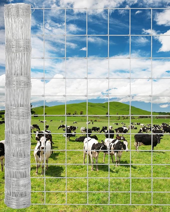  Farm Fence, 4Ft x 328Ft Galvanized Wire Fencing, Goat Cattle Deer Livestock Fence, Heavy Zinc Goat Fences for Goat Deer Yard Livestock Protection