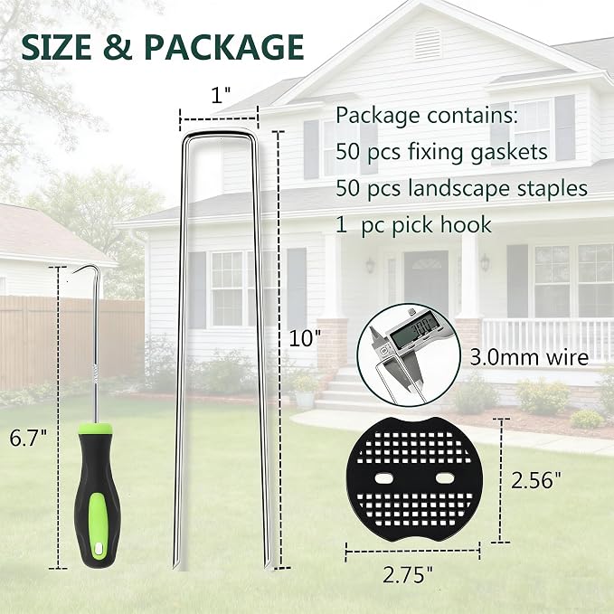 10 Inch 50 PCS Galvanized Landscape Staples with 50 PCS Gasket, Landscape Fabric Pins Stakes Lawn Ground Cover Graden Staples Spikes Weed Barrier Stakes
