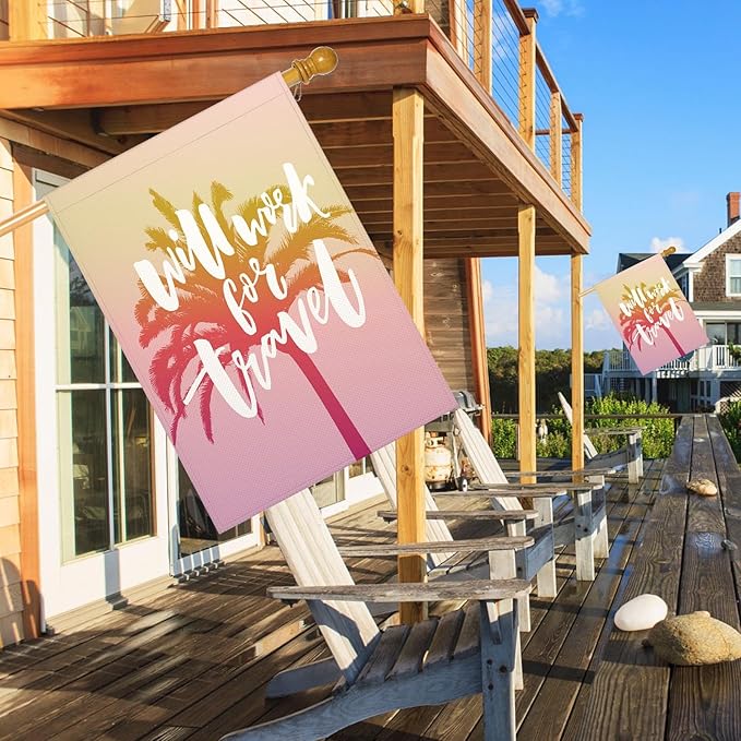 Mugod Funny Words Burlap House Flags for Outdoor, Tropical Palm Tree Lettering Summer Travel Adventure Large Yard Flags 28 x 40 Double Sided Seasonal Decorative Flag for House Garden Decoration