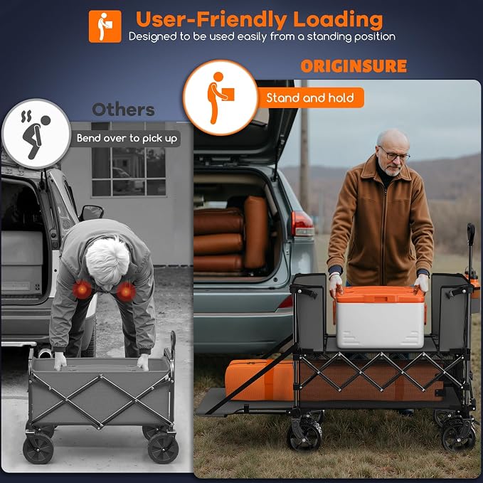 Originsure 400L Double Decker Wagon Collapsible with 54" L Tailgate, 560lbs Heavy Duty Carts Foldable, Extra Large Folding Beach Wagon with Big All-Terrain Wheels for Camping, Sports, Groceries, Grey