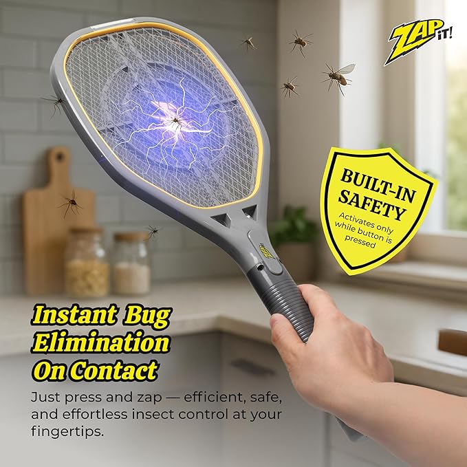 ZAP IT! Rechargeable Electric Fly Swatter Racket - 4,000-Volt Mosquito Zapper with USB Charging and LED Light - Large - Safe 3-Layer Mesh Bug Zapper Racquet for Indoors and Outdoors - Yellow