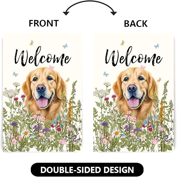 Floral Golden Retriever Garden Flag Spring Summer House Flags 28 x 40 Double Sided Flower Dog Yard Flags for Outside Large Outdoor Welcome Flags