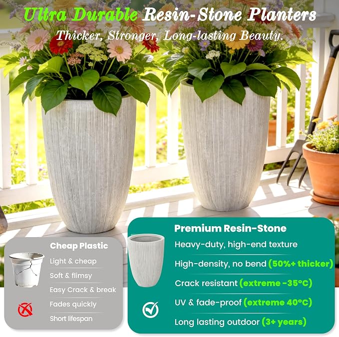 19" Tall Planter for Indoor Outdoor Plants, Set of 2 Large Flower Pot with Drainage Hole, Weather/UV-Resistant Resin Planters for Garden Patio Porch Home office Decor, Mediterranean Beige Fluted