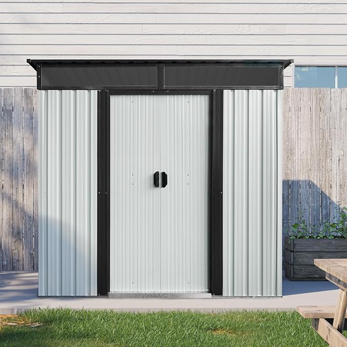 6FT x 5FT Outdoor Storage Shed, Heavy Duty Galvanized Steel Garden Shed with Sloped Roof, Sliding Lockable Doors, Punched Vents & Foundation Kit, Weather Resistant Tool Shed for Backyard, White+Black