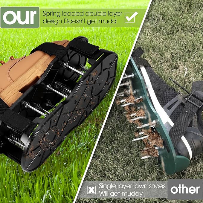 NAZZO Lawn Aerator Shoes, Upgrade Double Layer Lawn Shoes, Spring-Loaded Design, No Dirt on the Shoes, Soil Yard Aerator Tool for Aerating Patio Garden, Black, Patent Authorization Obtained