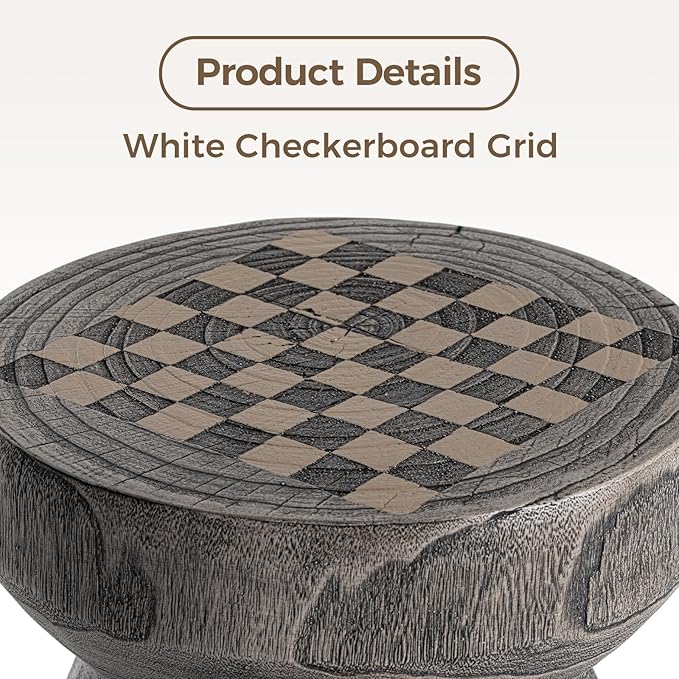 COSIEST Outdoor Side Table with Chessboard, 14'' Round Concrete Lightweight Faux Wooden Multi-Use End Table Garden Stool Log Style Plant Stand for Deck, Patio, Grey