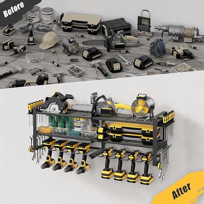 Jusgym Power Tool Organizer Wall Mount |350lbs Garage Tool Storage Rack with 6 Cordless Drill Holder |3-Tier 32''W Heavy Duty Garage Organization |Gifts for Men