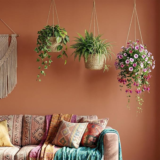 12 Pcs Seagrass Hanging Planter Basket Hand Woven Plant Basket with Plastic Liners Hanging Plant Holder Storage Containers with Cotton Rope for Indoor Garden Decor (Small,Brown)