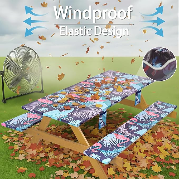 Fitted Waterproof Picnic Table Cover with Bench Covers Heavy Duty Elastic Outdoor Camping Tablecloth for 8 Foot Rectangle Tables Summer Rv Accessories Patio Garden Road Trip Essentials Gifts