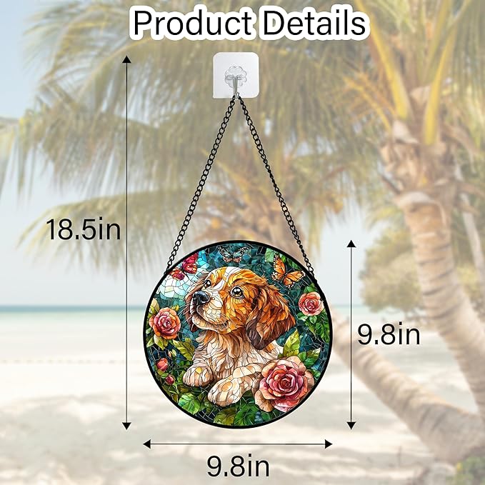 DASTOLL Stained Glass Window Hanging, Dog and Rose Suncatcher for Doors Home Butterfly Sun Catchers Decoration and Christmas, Mother's Day Birthday Gifts for Women, Men, and Mom 9.8 in