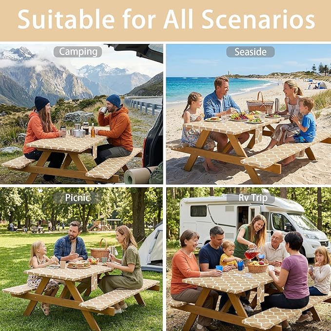 Fitted Waterproof Picnic Table Cover with Bench Covers Elastic Edges Camping Tablecloth for 8 Foot Rectangle Tables Camp Cooking Motorhome Party Equipment Car Rv Travel Trailer Needs Gifts
