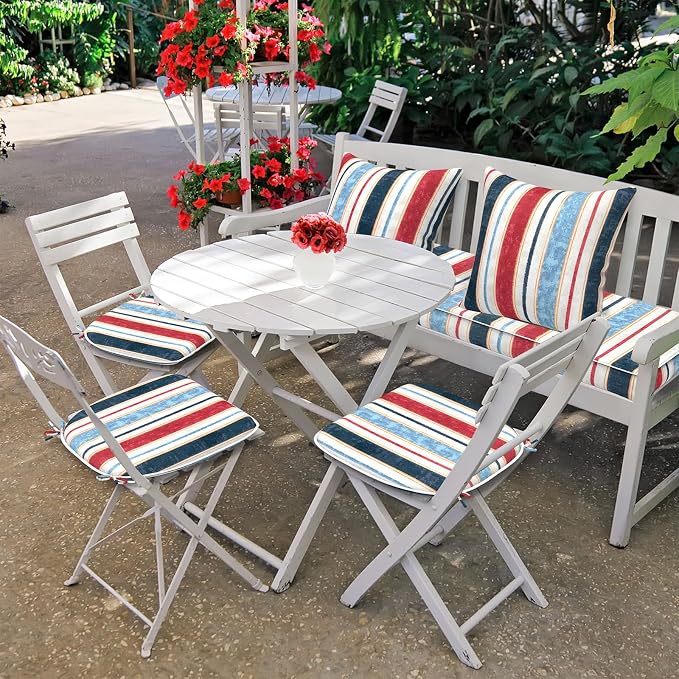 DYTXIII Set of 4 Outdoor Chair Cushions with Ties,Water Repellent Patio Chair Pads 17"x 16" for Outdoor Furniture,Round Corner Seat Cushions for Garden Yard Kitchen Stripe Red Blue