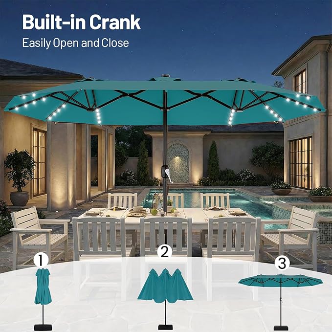 AreShark 13 FT Patio Umbrella with Solar Lights, Double-Sided Outdoor Table Umbrellas with Crank, Large Rectangular Market Umbrella for Porch, Lawn, Pool, Backyard, Lake Blue