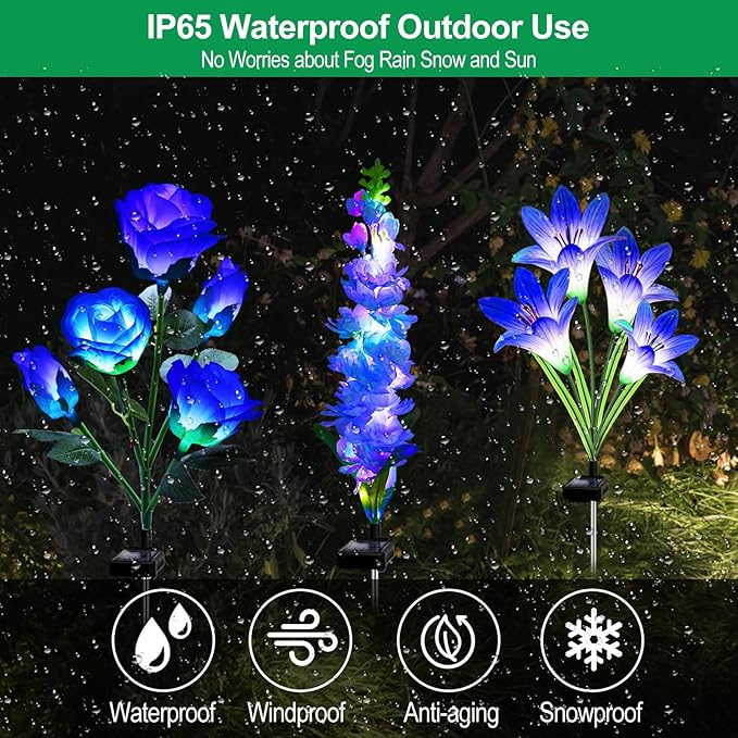 MRHEPHAESTUS Solar Garden Lights Waterproof, 3 Pack Solar Flowers Lights Includes Lily Rose Delphinium, Gardening Gifts for Mom Grandma Women,7-Color Changing Outdoor Decor for Garden Yard Patio Lawn
