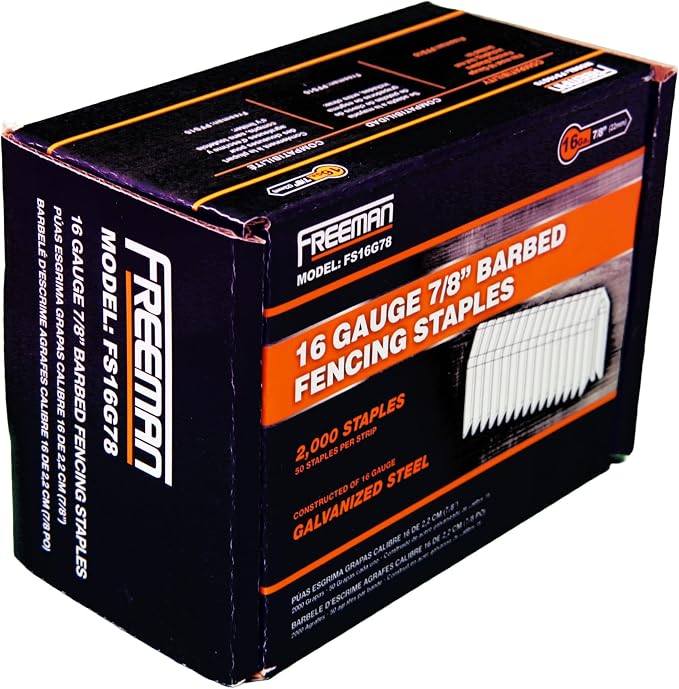 Freeman 16-Gauge Fencing Staples | 7/8" | Glue Collated | Galvanized Steel | 2000 Count | Indoor and Outdoor | Livestock Fences, Pet Enclosures, Heavy Mesh, Deer Prevention, and Farming | FS16G78