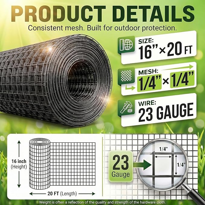 Black 16'' x 20' Hardware Cloth 1/4 inch 23 Gauge, Hot-dip Galvanized After Welding, Chicken Coop Wire Fence Wire Mesh Screen, Rabbit/Snake Fences, Netting Wire Cloth Galvanized Wire Mesh Roll