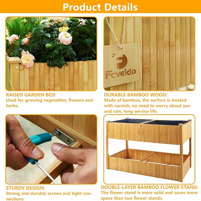 Raised Garden Bed - 2-Tier Elevated Planter Box for Herbs, Vegetables, Succulents & Flowers | 48x25x30 Inch Standing Growing Bed | Outdoor/Indoor Bamboo Planter