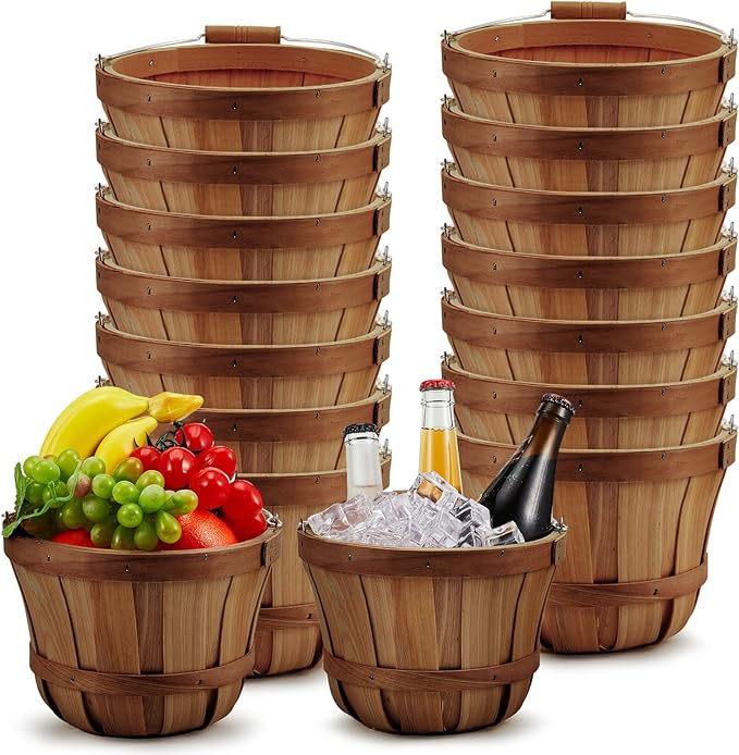 Marsui 16 Pcs Round Wooden Berry Baskets Small Bushel with Handles for Gifts Empty Basket Fruit Buckets for Picking Strawberry Fruits Flowers Crafts Home Wedding (Dark Brown)