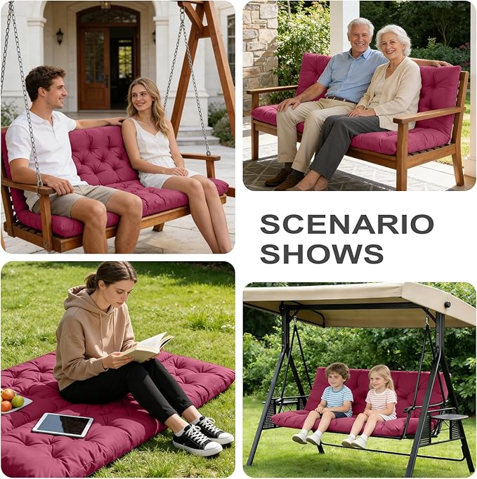 Porch Swing Cushions,Outdoor Cushions 3 Seater Replacement with Backrest, Waterproof Thickened Bench Cushion with Ties for Porch, Patio,Outdoor, Backyard and Garden (Wine Red 47 * 40 in)