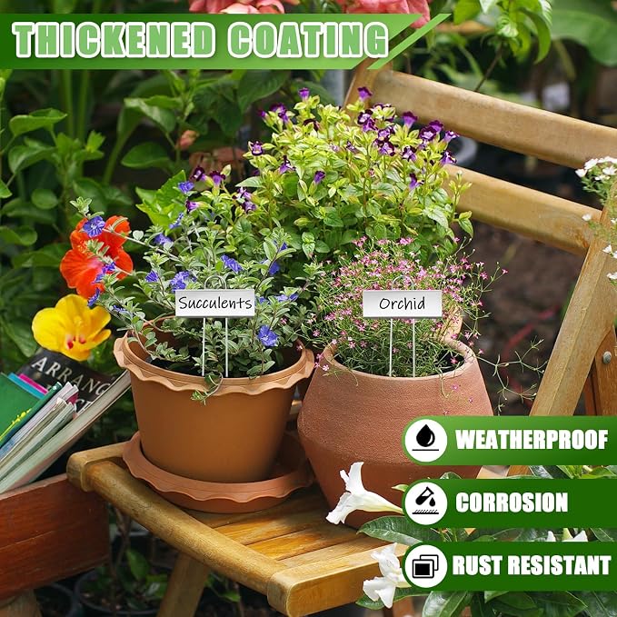 Maitys 62 Pcs Metal Plant Labels Garden Markers Outdoor Weatherproof 10.6 Inch Stainless Steel Nursery Tags Reusable Bulk with Pens for Flower Fruit Vegetable Seedling (Silver Label with Black Ink)
