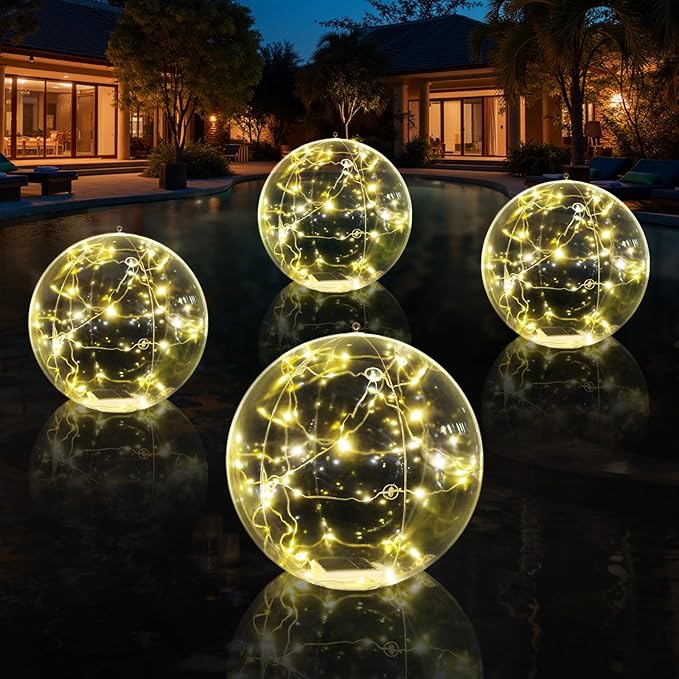 Askyli Solar Floating Pool Lights, 15 inch Waterproof Solar Pool Light that Float, Warm White LED Light up Pool Balls, Auto ON/Off Pool Solar Lights for Pools Party Wedding Decor (4Piece)